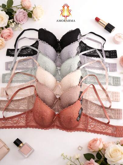 Sujetadores cotidianos para mujeres de talla B - piezas en 6 colores, con diseño de patrones florales de encaje y corte vacío en los lados laterales. Son cómodos, con banda elástica de gran elasticidad, soporte ascendente, armazón y tirantes ajustables