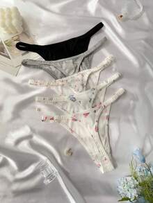 5pcs/Pack Solid Color & Ditsy Floral Thong Panties Set - Multicolor - View 2