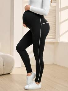 SHEIN Leggings sin costuras de cintura alta con ribete de contraste para maternidad - Negro - Ver 4