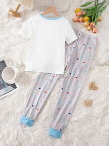 2pcs Girls Cute Blue Bow Pattern Pajama Set, Short Sleeve Top And Leggings - Blue and White - View 2