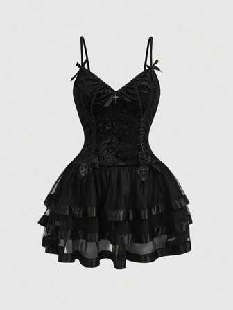 Gothic Palace Style Luxurious Princess Cake Skirt Bow Strap Black Dress, Plus Size Dress, Sweet & Cool Dark Goth Elegant Gothic Dress