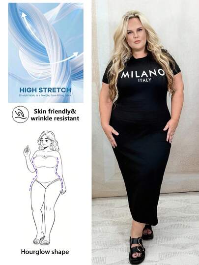 Hourglow Dollyholly86 Casual Minimalist "MILANO" Graphic Plus Size Slim Fit Round Neck Short Sleeve Mid-Length Dress, Suitable For Summer Suitable For Going Out, For Hourglass Body Shape