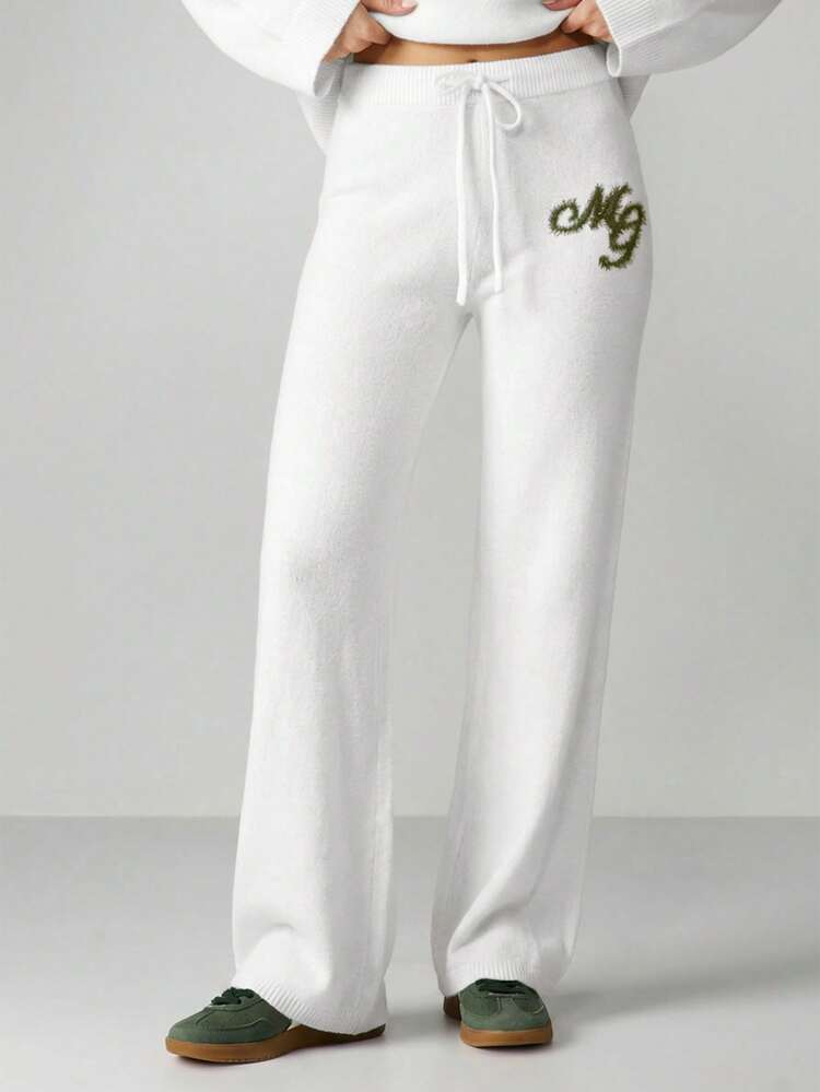 MISSGUIDED Knit Sweater Pants With Logo Detail Straight Leg Drawstring Waist Cozy Winter Lounge Bottoms For Casual Comfort