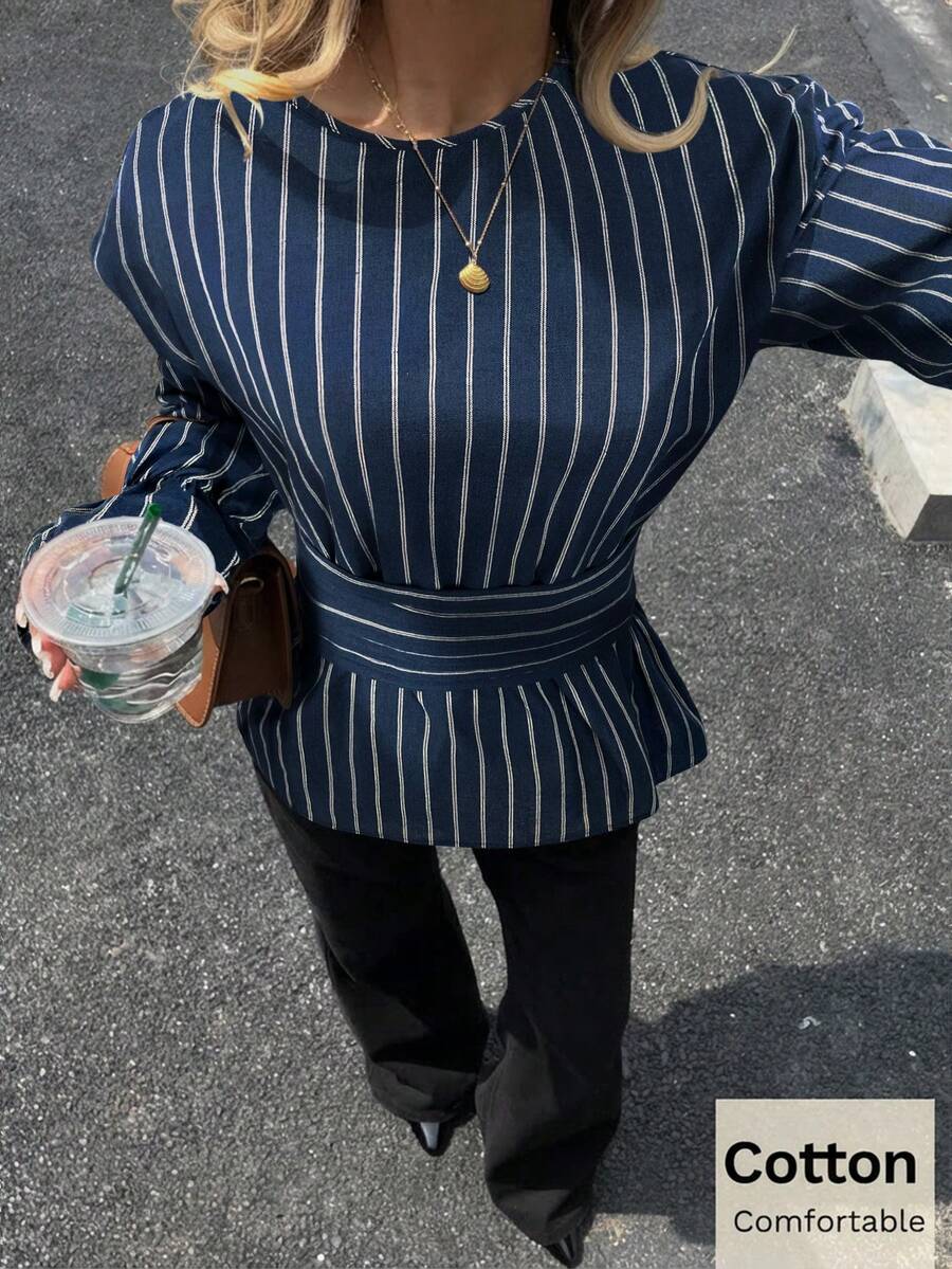 Siren Gaze Autumn/Winter New Casual Commuter Striped Waist Shirt Stripe Shirt Spring - Navy Blue - View 1
