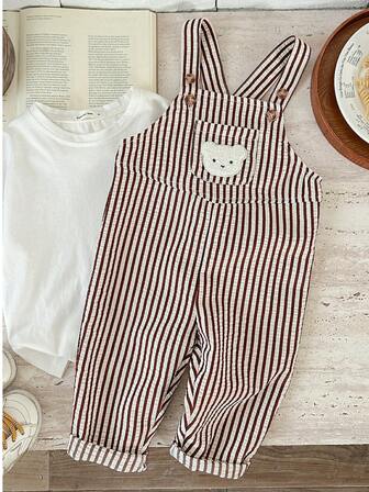 男婴条纹小熊图案休闲背带裤