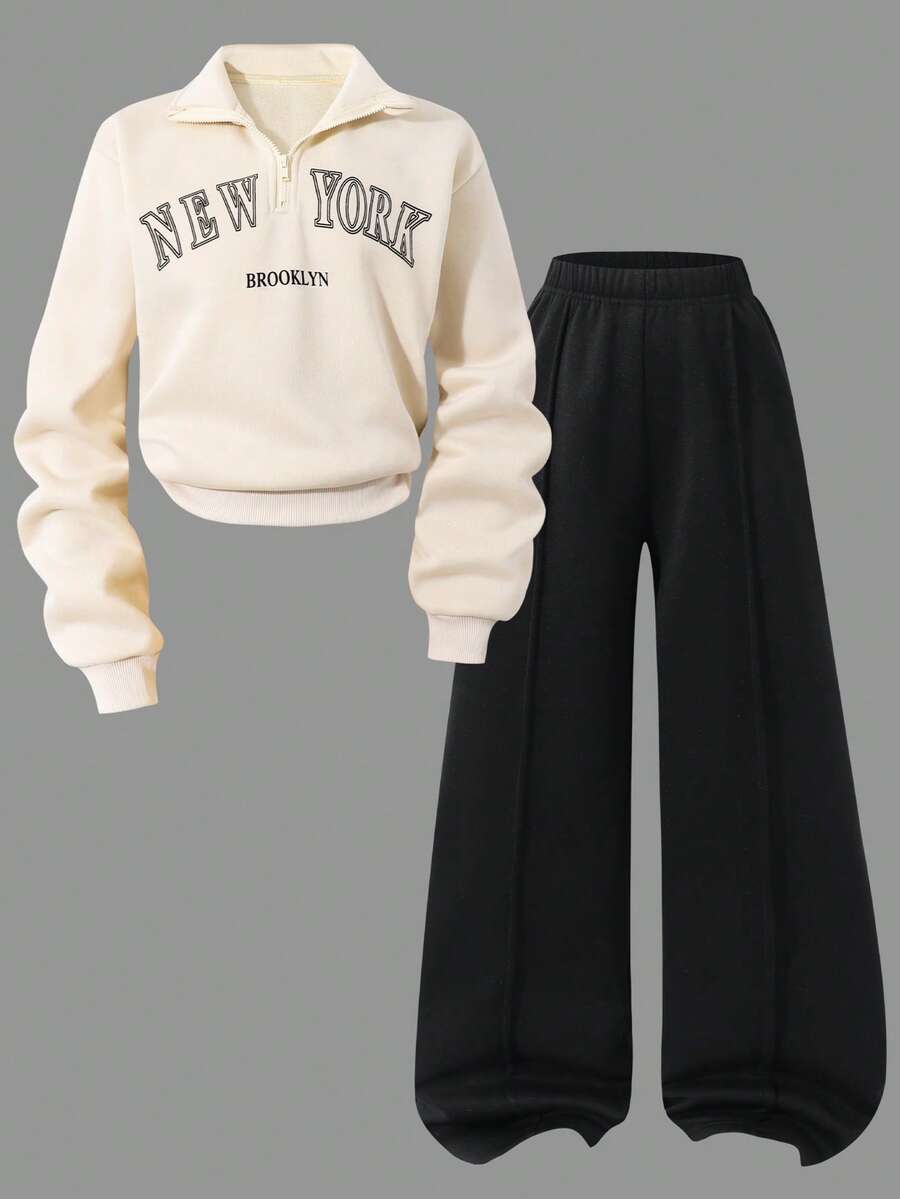 Sparklyn 少女休闲两件套，纽约字母图案立领卫衣和短裤，秋冬款 - 黑與白 - 查看 1
