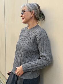 Vivie Lora Women's Solid Color Crew Neck Cable Knit Casual Loose Vacation Travel Long Sleeve Sweater - Grey - View 3