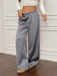SHEIN PETITE Women's Low-Waist Casual Retro Satin Versatile Brown Marl Color Long Skirt - Grey - View 5