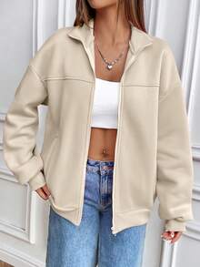 Flirla Áo nỉ dài tay cổ đứng màu trơn có khóa kéo, túi, dành cho nữ, kiểu dáng thường ngày. - Màu be - Xem 6