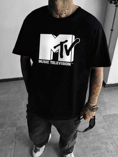 MTV | SHEIN Men's Letter Graphic Black Crew Neck Short Sleeve T-Shirt