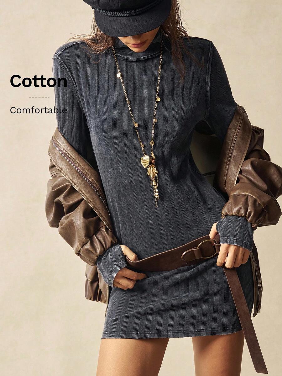 Bohemela Casual Solid Color Knit Turtleneck Long Sleeve Mini Dress For Women - Black - View 1