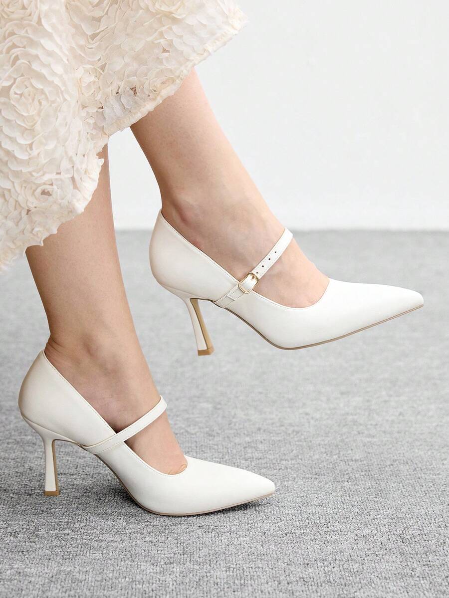 CUCCOO BIZCHIC 女士简约纯色细跟鞋，适合办公室、通勤和休闲穿着 - 糯米白色 - 查看 1