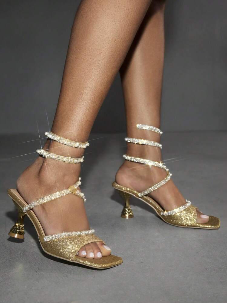 CUCCOO SZL Women's Faux Pearl Decor Fashionable Sparkling Lace-Up High Heel Sandals