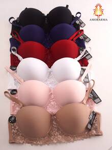 Sujetadores cotidianos para mujeres de talla B -  6 piezas en 6 colores, con diseño de volantes de encaje en los lados laterales. Son cómodos, con banda elástica de gran elasticidad, soporte ascendente, armazón y tirantes ajustables - Multicolor - Ver 3