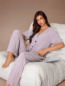 Lazeform Conjunto de chaqueta y pantalón de felpa suave acanalada con botones para estar en casa - Rosa - Ver 1