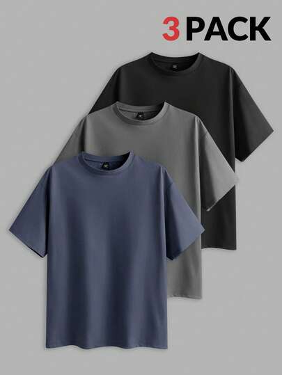 EASEVO Set de 3 camisetas de manga corta de cuello redondo ajustadas de unicolor para hombres de talla grande, casuales para el verano y uso diario