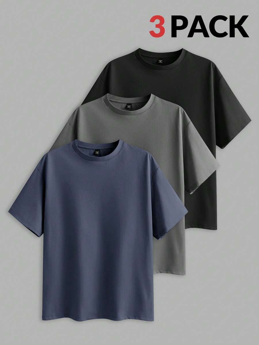 EASEVO 3pcs/Set Plus Size Men's Solid Color Fitted Crew Neck Short Sleeve T-Shirts, Casual For Summer & Daily Wear Basic T Shirts Men Tshirt Pack - Multicolor - View 1
