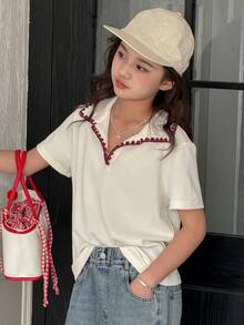 DAZY Camiseta de manga corta holgada y casual con adorno floral para niña preadolescente en verano - Beis - Ver 5