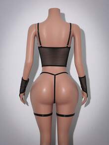 SHEIN 6件套经典鱼网塑形镂空前钢圈支撑性感女士内衣套装 - 黑色 - 查看 2