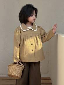 DAZY Young Girls Lapel Khaki Lace Patchwork Casual Long Sleeve Jacket, Spring/Autumn - Khaki - View 5