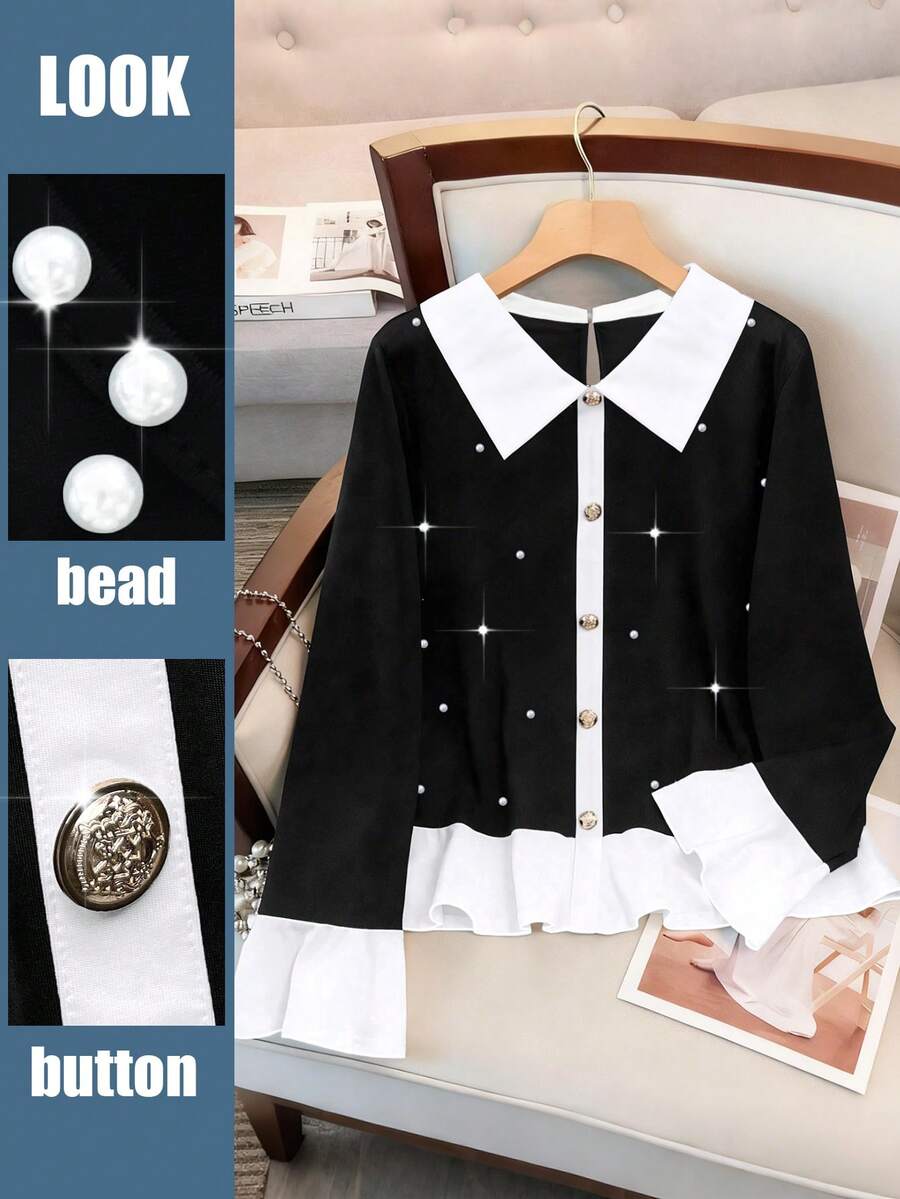 GlowEve CURVE 大码撞色拼接莲花袖串珠优雅T恤 - 黑與白 - 查看 1