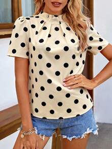 EMERY ROSE Women's Polka Dot Print Ruffle Collar Short Sleeve Blouse, Spring/Summer - Apricot - View 3