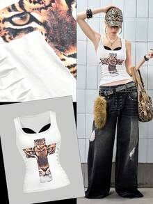 ROMWE J-Fashion Top de tirantes de mujer con estampado cruzado de tigre y leopardo Gyaru Y2K 2 en 1 Shibuya Gal - Blanco - Ver 5