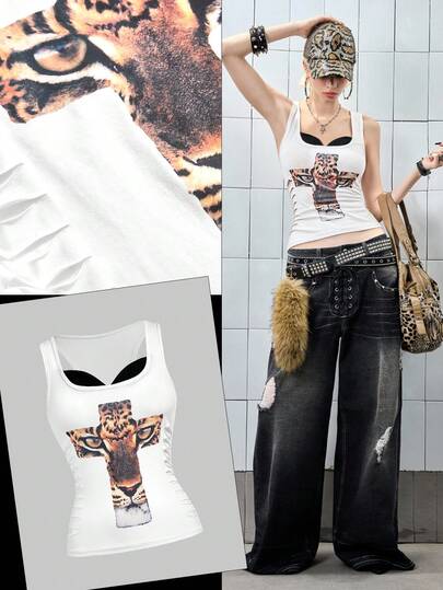 J-Fashion Canotta da donna con stampa incrociata tigre e leopardo in stile Gyaru Y2K di Shibuya