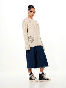 SUMWON WOMEN Oversized Ribbed Knit Sweater With Text Graphics And Long Sleeves For Casual Winter Layering - Khaki - View 5