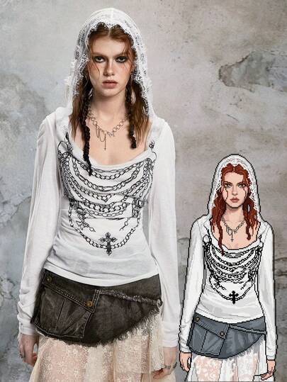 ROMWE Avant Women's Vintage Y2K Apocalyptic Lace Patchwork Chain Thorn Print Sheer Long Sleeve T-Shirt