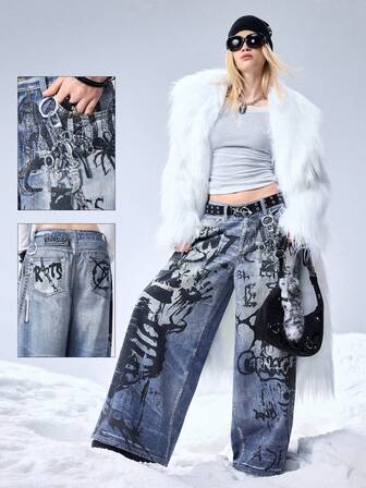Grunge Punk Jeans femme à taille très basse, coupe ample, avec imprimé squelette sombre