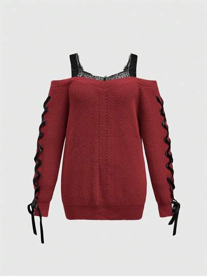 Vintage Red V-Neck Contrast Lace Off Shoulder Sweater, Loose Fit Plus Size Sweater, Plus Size Women Top