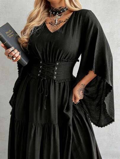 Whyspr Plus Size V-Neck Sleeveless Long A-Line Dress With Corset Waist Tie