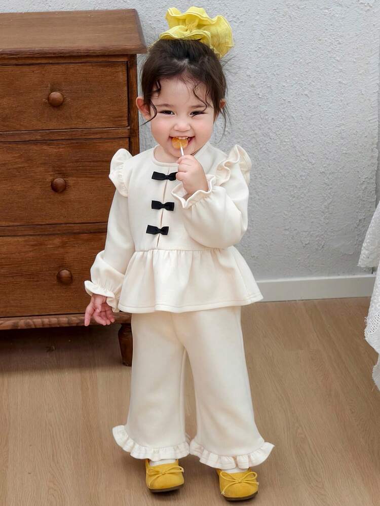 Toddler Girls' Round Neck Bow Tie Cap Sleeve Thermal Lined Sweatshirt And Flare Leg Pants Set