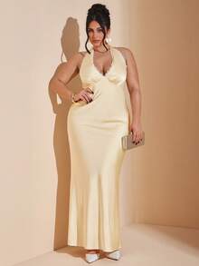 SHEIN BAE Plus Size Elegant Satin Dress, V-Neck Lace Trim Sleeveless Cocktail Party Gown, Formal Occasion Bridesmaid Dress, Birthday Mini Dress, Yellow Satin Long Dress, Cocktail Party, Business Casual,Prom, Valentine's Day, Thanksgiving, Parties, Weddings, Plus Size Satin Dress, Long Satin Dress, Plus Size Evening Gown, Curve Formal Dress Women Dresses Champagne - Yellow - View 3