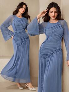 Graceveil Elegant Party Dress For Women, Round Neck, Asymmetrical Design, Pleated Splice, Long Sleeve, Slim Fit - Blue - View 3