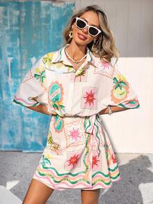 Vivid Eden Spring/Summer Outings, Holiday Date Dresses, Spring/Summer Casual Vacation Shirt Collar Waist Tie-Waist Bohemian Style Printed Women's Dresses, Summer Beach Dresses, Back-To-School Outfits, Very Simple Outfits, Women's Country Clothing, Office Wear, Old Money Style, Teacher's Attire, Date Outfits, Graduation Season Dresses, Women's Dresses, Spring/Summer Casual Dresses, Summer Dresses - Multicolor - View 7