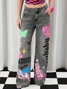 Y2Kool Vecteezy 女士冬季新年休闲宽松直筒牛仔裤，纽扣口袋，日常穿着，搭配灵感包括印花牛仔裤、Y2K牛仔裤、设计牛仔裤、火焰牛仔裤等，时尚服饰系列，新年穿搭，Emo裤，图案牛仔裤，辣妹棉质牛仔裤。 - 灰色 - 查看 3