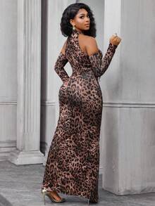 Lureya 女士时尚深V领性感豹纹狂野露背修身褶皱开衩派对优雅连衣裙，棕色，秋冬款 - 彩色 - 查看 2