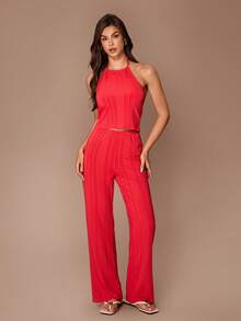 Lazeform Women's Ribbed Knit Halter Jumpsuit Sleepwear - Red - View 3