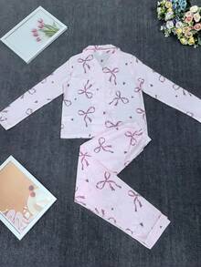 Set pigiama cardigan con colletto arricciato e fiocco rosa, set pigiama carino per ragazze pre-adolescenti per il sonno autunnale, set pigiama abbinato con camicia a fiocco rosa per ragazze pre-adolescenti - Rosa - Visualizzare 2