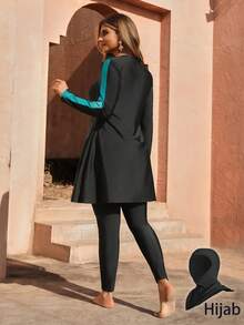 Swim Mulvari Plus Size Women 2pcs Solid Color Patchwork Front Zipper Hooded Rash Guard & Modest Burkini Swimsuit Set Summer Bikinis Summer 2026 Christmas Clothes New Year Clothes Party Clothes Beach Outfit For Women Casual Clothes - Black - View 6