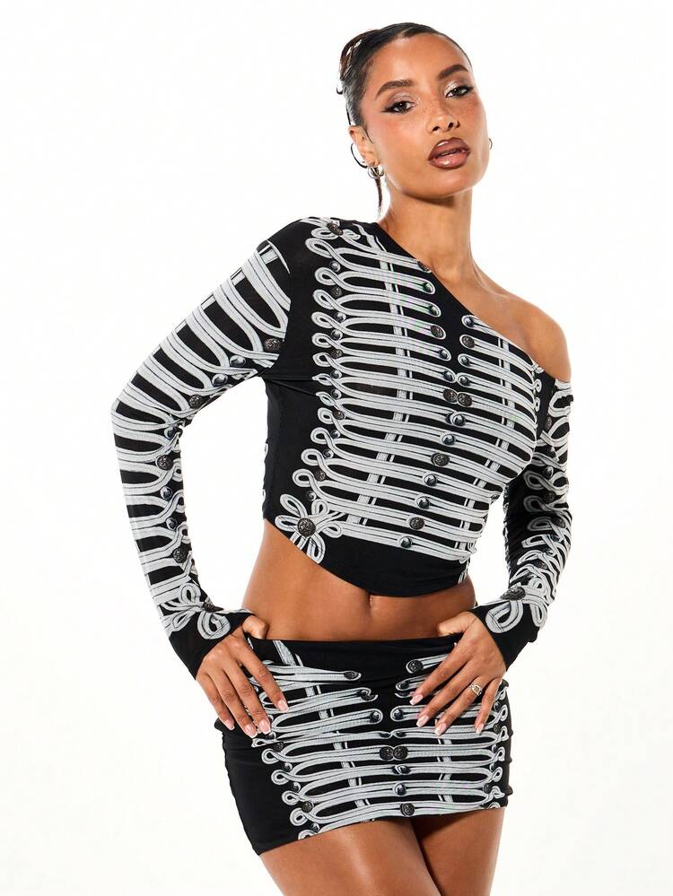 SUMWON WOMEN Off Shoulder Mesh Top With Epilette Print