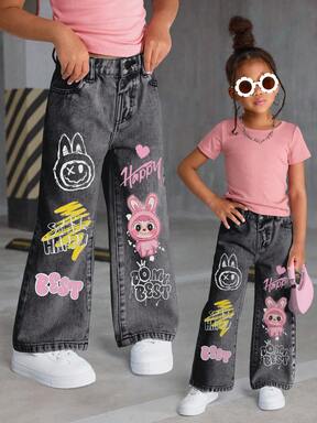 Young Girls Denim Jeans, New Arrival, Cute Graphic Print, Casual Straight Leg Jeans, Pink Cartoon Pattern, Black & Grey Washed Denim, Suitable For All Seasons