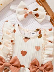 SHEIN Cute Newborn Baby Girl Sleeveless Flared Geometric Heart Print A Line Dress With Ruffle Details And Bows - Multicolor - View 5