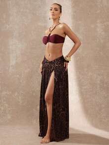 Lumalex Women's Burgundy Bandeau Bikini Set,Adjustable Halter Strap Gold Hardware Sculpting Fit,Luxury Elegant Summer Beach Holiday Resort Swimwear Outfits - Multicolor - View 8