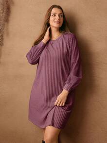 Rosumi 大码纯色圆领长袖罗纹宽松休闲连衣裙 - 紫色 - 查看 7