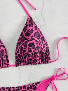 SHEIN Swim 2pcs Women's Summer Beach Leopard Print Halter Tie Sexy Bikini Swimsuit Set, Random Print - Hot Pink - View 7