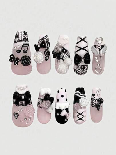 ROMWE Anime 10pcs Y2K Retro Star, Polka Dot, Striped, Pop Art, Grunge, Music Note Decorative False Nails, Handmade, Suitable For College, Music Festivals, Dates, Etc.