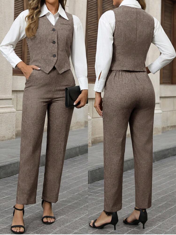 Ensemble 2 pièces grande taille pour femmes, gilet à simple boutonnage et pantalon, tenue décontractée pour l'automne